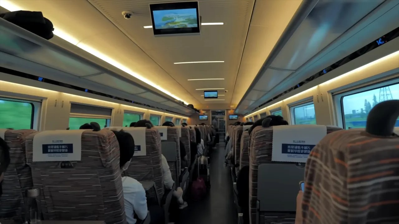 Empty seats inside a Chinese urban rail passenger carriage