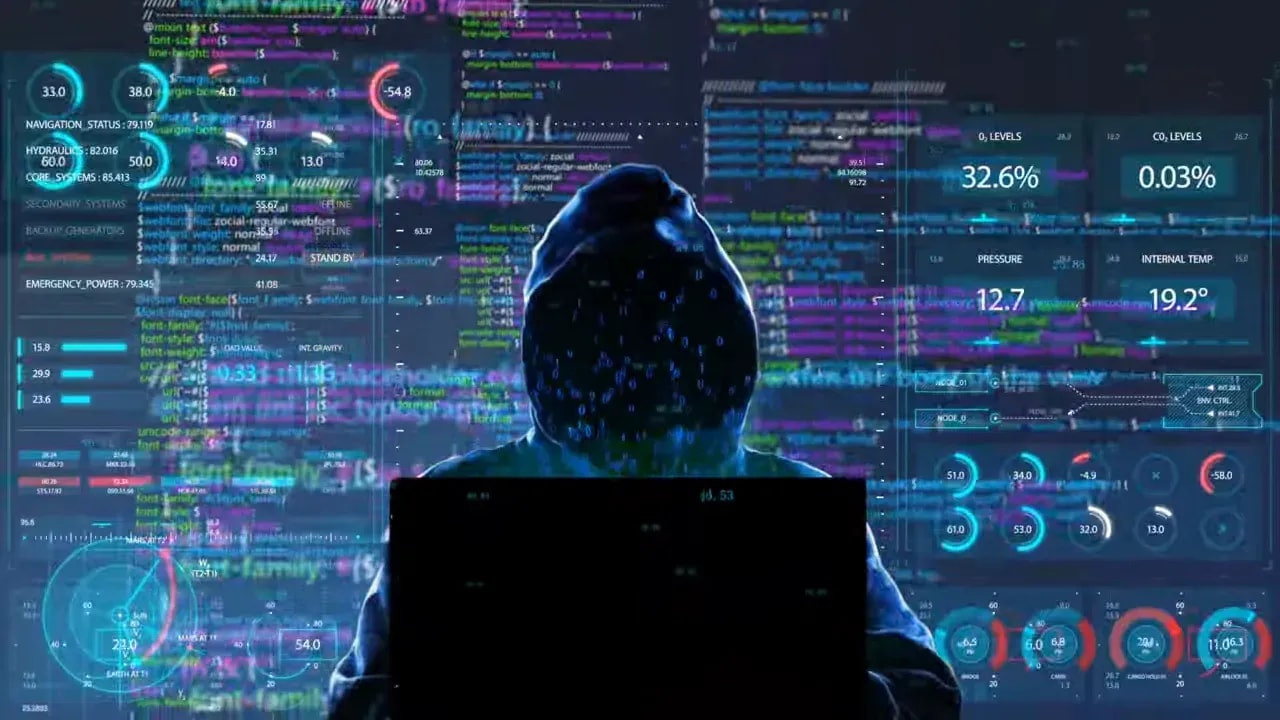 Clear hacker silhouette with futuristic cyber dashboard readouts