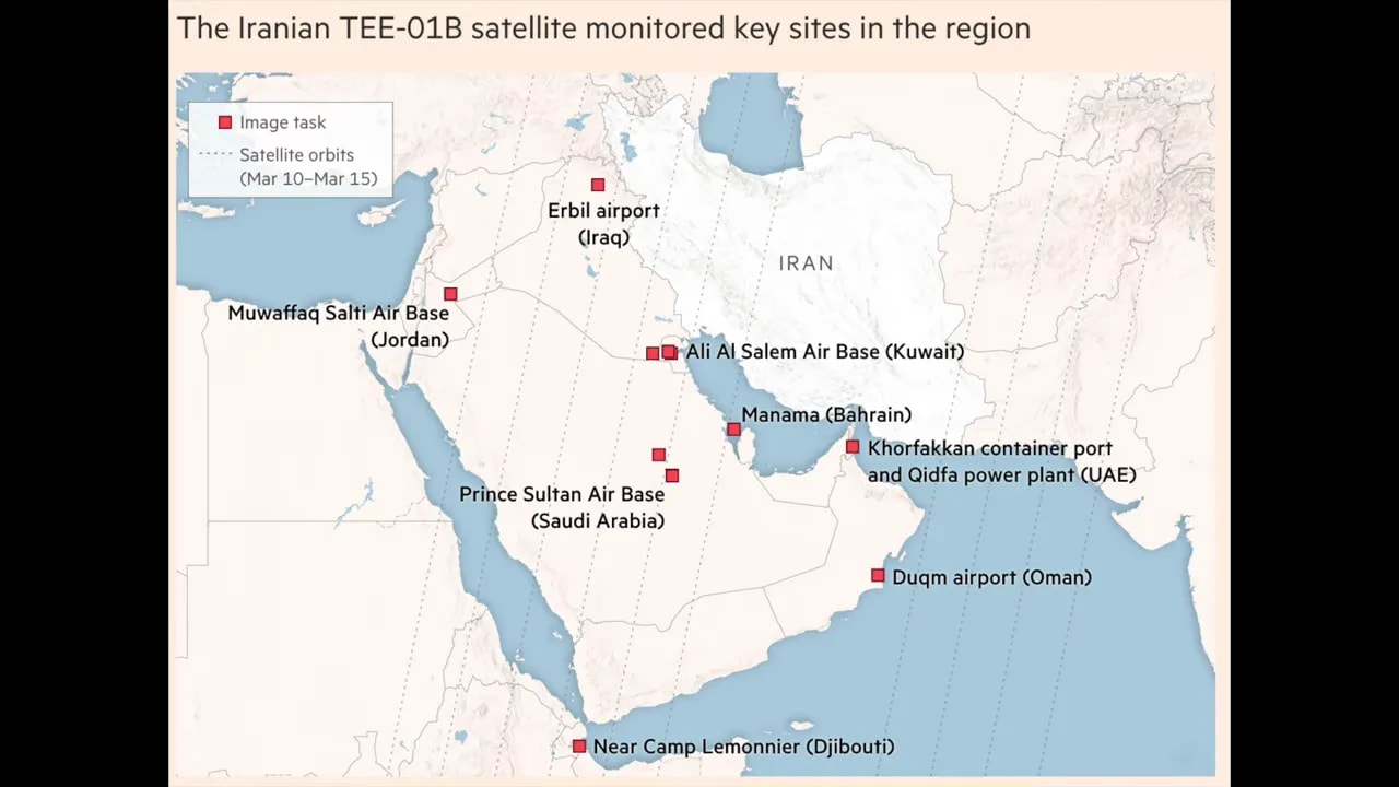 Map showing locations monitored by the Iranian TEE 01B satellite in the Middle East