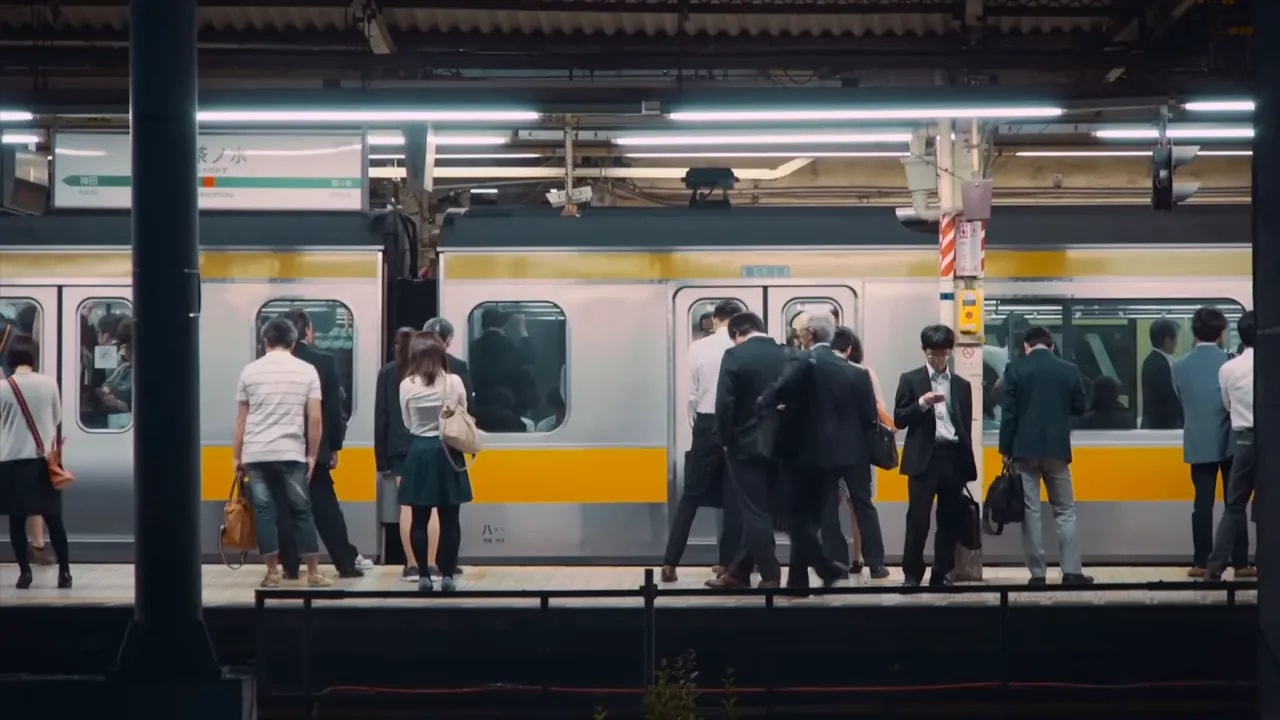 Commuters and business travelers at a train platform in Japan