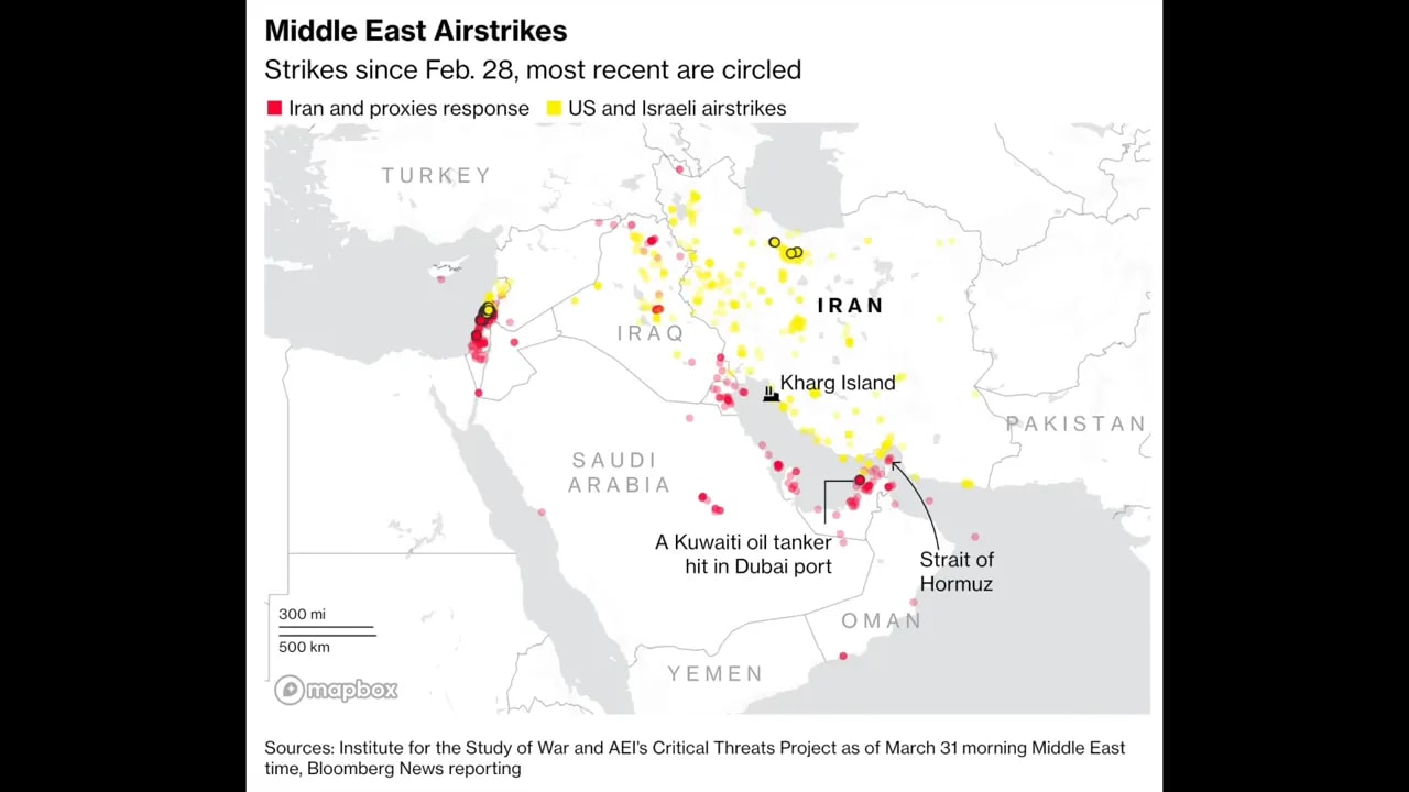 Map showing Middle East airstrikes and activity around Iran and the Strait of Hormuz
