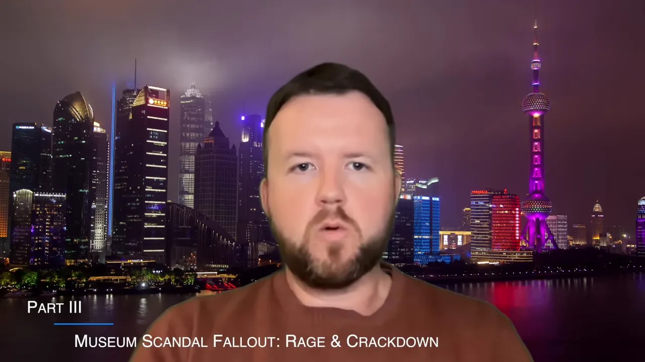 Presenter in front of Shanghai skyline discussing museum scandal fallout and crackdown