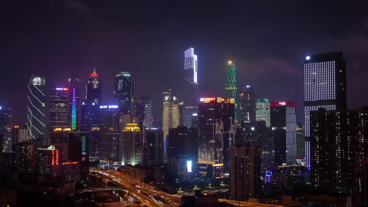 Night skyline of Chinese city with illuminated buildings