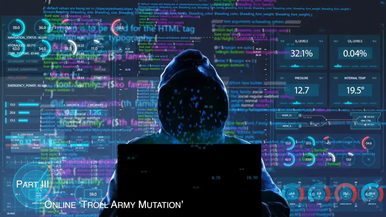 Cyberpunk-style hacker silhouette in front of an analytics dashboard for online disinformation and troll activity