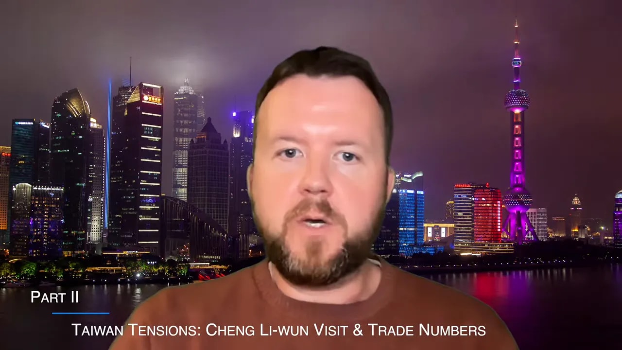 News host with on-screen text 'PART II: Taiwan Tensions' in front of Shanghai skyline at night