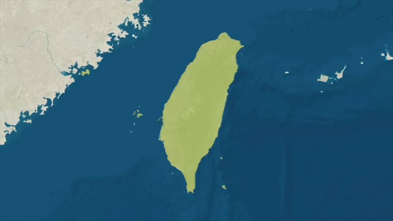 Map graphic highlighting Taiwan island with ships indicated in the surrounding sea
